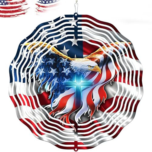 American Flag Wind Spinner-12 Inch 3D Garden Decoration USA Flag Eagle Christian Cross Outdoor Indoor Stainless Steel Hanging Wind Spinner Yard Gifts for Women Birthday Mom Friends Neighbors