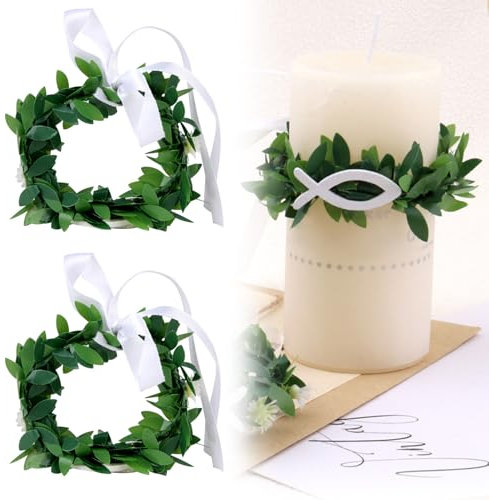 2 anelli di candele antigoccia con corone di foglie artificiali, ghirlande di verdi con fiori e pesci in legno per candele comunione battesimo decorazione per feste tavolo casa