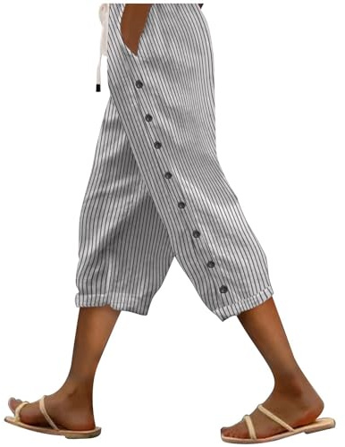 Couawaticy Trousers for Women UK Linen Trousers Womens Drawstring Elastic Waist Cropped Lightweight Summer Capri Pants with Pockets Casual 3 4 Length Beach Pants for Ladies White-c XXL