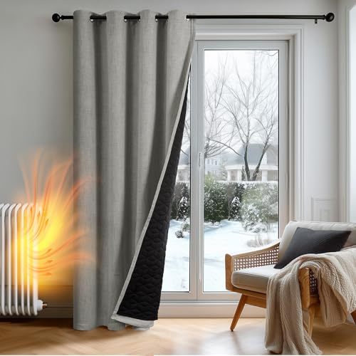Deconovo Thermal Curtains Eyelet, Double Layer Faux Linen Blackout Door Curtain with Extra Thick Microfiber Lining, Solid Windproof Soundproof Panel for Bedroom, W52 x L90 Inch, Grey, 1 Piece