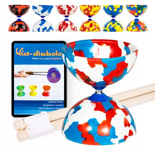 Juggle Dream Jester Diabolo jongleringsset – fast axel, professionell diabolo med trähandstavar, onlineinlärningsvideo – jongleringsleksak (blå/vit/röd)