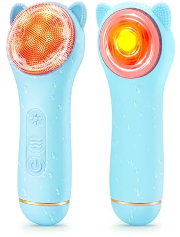 Face Scrubber Facial Cleansing Brush - Silicone Waterproof Rechargeable Electric Exfoliator Scrubber with Heated, 7 Colors LED Light Therapy, Makeup Remover Cleansing and Massaging (Blue)