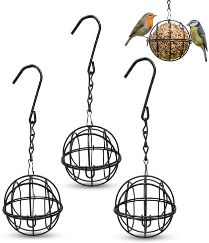 AEUXZA Set 3 Mangiatoie per Uccellini in Metallo, Supporto per Palle di Grasso Ø 75mm, Stazione di Alimentazione con Catena 280mm per Balcone e Giardino, Nero.