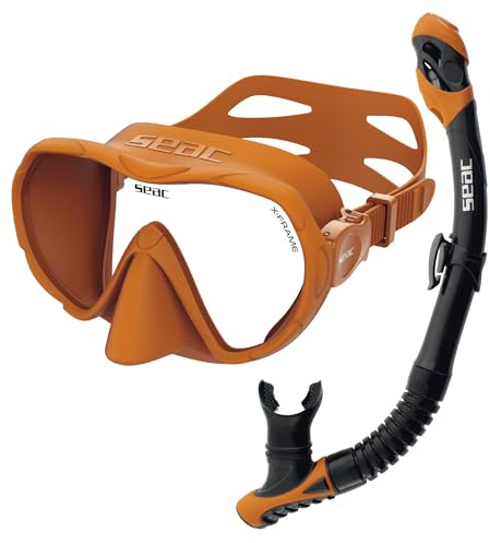 SEAC Set bis X-Frame Dry - Set de Snorkel para Adultos con Máscara sin Marco Monolente de Vidrio Templado y Tubo Dry Top | Silicona, Válvula de Purga y Boquilla Ergonómica para Buceo y Snorkel
