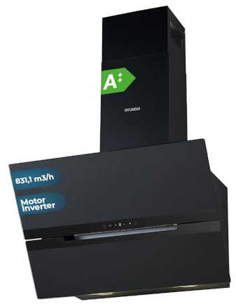 Hyundai Campana Extractora Decorativa Inclinada 60cm, Cristal Negro, HCDE60DCB00. Potencia 831m3/h, 3 Velocidades, 2 Filtros, 64 dB Nivel Sonoro, Control Táctil, Filtros aptos para Lavavajillas
