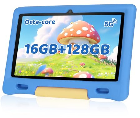 Gleeso Tablet Bambini | Android Tablet per Bambini 10 Pollici, Kids Tablet con Octa-Core | 128GB+1TB TF | Controllo Parentale | 8MP Fotocamera | WiFi 6/BT 5.3, Tablet con Custodia Protettiva - Blu