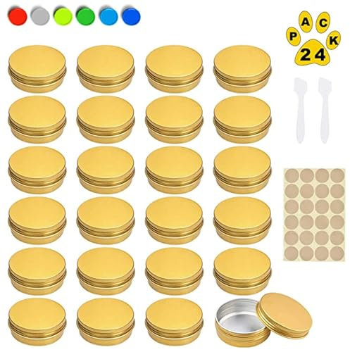Sunshine smile Pots en Aluminium 10 ML, 24 Pièces Conteneurs Cosmétiques Vide Rond, Petite Boite Hermetique Metal avec Mini Spatule et Étiquettes, pour Maquillage, Crème, Baume à Lèvres, Mini Bougies