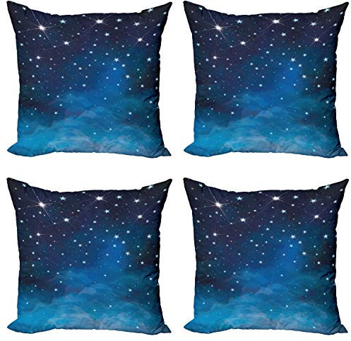 ABAKUHAUS Nacht Dekokissen Kissenbezug 4er Pack, Leuchtende Sterne Ombre Sky, Modern Accent Doppelseitiger Digitaldruck, 40 x 40 cm, Blassblau Dunkelblau