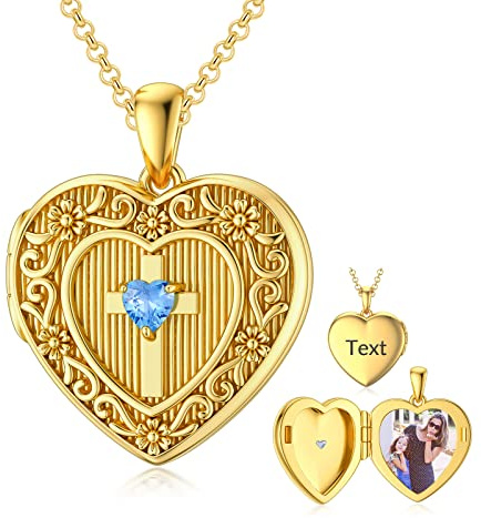 SOULMEET Collar de medallón de forma de corazón/redondo collar de plata de ley sostiene fotos foto personalizada collar colgante para mujeres niñas, Plata esterlina, Cristal aguamarina