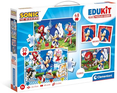Clementoni - 18318 - Edukit 4 In 1 - Sonic - Set Giochi Da Tavolo (Memo, Puzzle 30 e 48 Pezzi, 6 Cubi), Educativo 3 Anni, Gioco di Memoria e Logica, Carte Da Accoppiare, Puzzle Bambini, Made In Italy