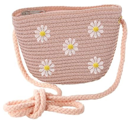 JAHEMU Mädchentaschen Blumen Stroh Tasche mit Reißverschluss Gänseblümchen Strohtasche Crossbody bag Stroh Umhängetasche für den Urlaub Reise Outdoor Aktivitäten