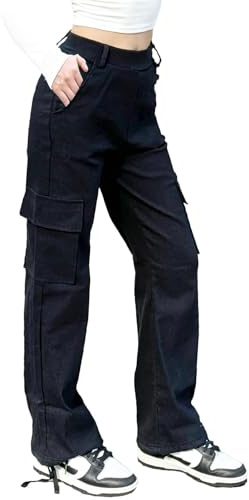 Nuofengkudu Rectos Pantalones Cargo Mujer Puños Ajustables 4 Bolsillos Pantalon Elasticos Cintura Alta Deportiva Trabajo Largos Pantalón Y2K Adolescentes Goticos Punk Jogger Casual Moda Negro M