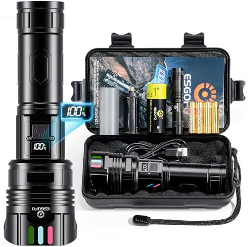 Esgofo Aufladbar Taschenlampe LED Extrem Hell 500000 Lumens Große Reichweite 1000M, Leuchtendes Design Sehr Helle Lang Anhaltend 10 Studen USB C Starke Flashlight, Einstellbar Fokus & Lichtmodi