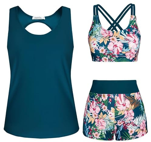 Women Swimming Costume，3 Piece Tankini Swimsuit for Women Swimwear Tank Top with Bikini Top Boyshort Set