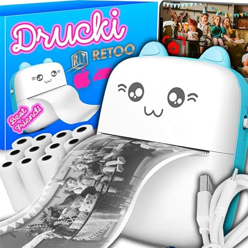 Retoo Mini Drucker mit 11 Rollen Druckerpapier, tragbarer Fotodrucker, tragbarer Fotodrucker, kabelloser Thermodrucker, Thermodrucker für Smartphone, Drucker