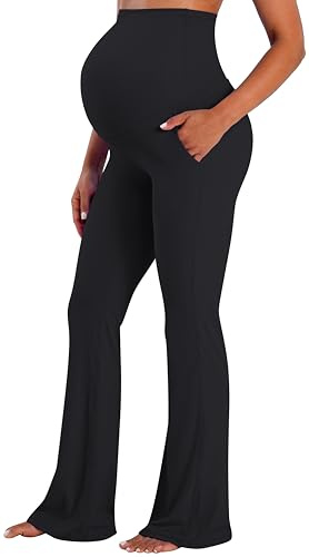 Sunzel Sunzfly Maternity Flare Leggings with Pockets Over The Belly, Buttery Soft Pregnancy Wide Leg Yoga Pants for Workout & Daily Wear,32 Inseam Black S