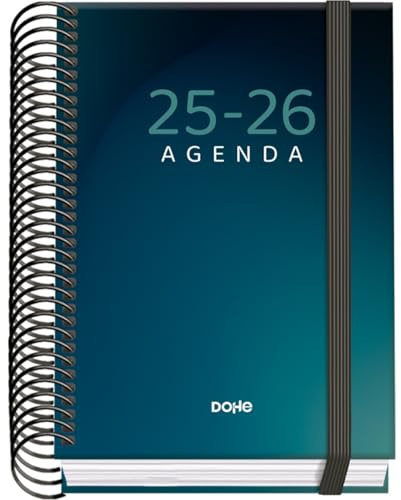Dohe - Skolkalender 2025 2026 - Dag per sida, Storlek A6 (12x17 cm), Spanska och Engelska, September till Juni, Spiralbindning och Resårband, Hårt omslag, 4 Klistersidesark - PRIME Boreal