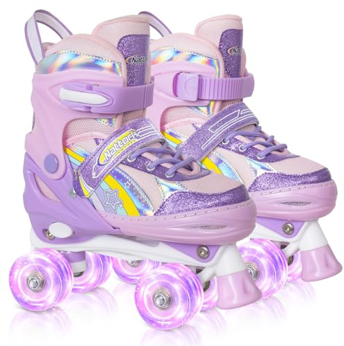 Nattork Girls Roller Skates for Little Kids Toddler Ages 5-8 4 5 6 7, 4 Size Adjustable Rainbow Quad Skates with All Light Up Wheels - Best Birthday Gift for Outdoor Sports