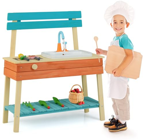 Maxmass Kids Mud Kitchen, Outdoor Toddler BBQ Grill Playset with Sink, Faucet, Grill Rack, Wooden Children Play Kitchen Toy Gardening Center Pretend Kitchens for Garden for 3-8 Years Old