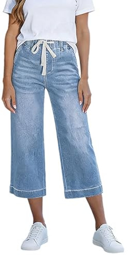 Jean Capri Femme Pantacourt Été à Jambe Large avec Poches et Cordon de Serrage Taille Haute Jeans 3/4 Jeans Denim Jorts Y22K Vintage Ample et Décontracté Pantalon Taille Elastique Jeans Baggy Femme
