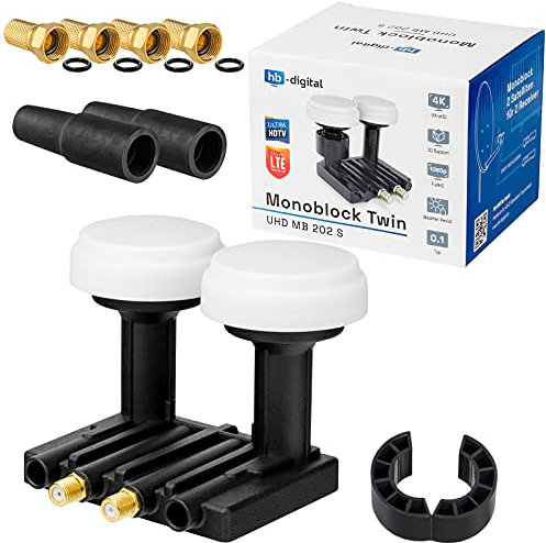 hb-digital LNB Twin LNB UHD MB 202 S LNC | pour 2 participants/récepteurs Direct & 2 satellites : Astra 19,2° Hotbird 13° Full HD TV 3D 4K Noir + 4x connecteurs F plaqués or + 2 douilles en caoutchouc