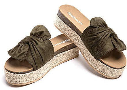 Plateau Pantoletten Damen Sandalen Espadrilles Keilabsatz Sommer Frauen Offener Zeh Hausschuhe Strand Platform Mules Slides Bequeme Grün 36 EU