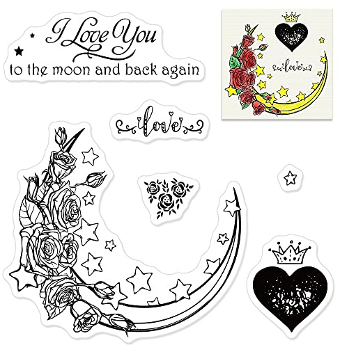 Estivaux Valentines Flowers Moon Clear Stamps for Card Making Journaling, Love Words Letters Transparent Silicone Stamps Seal Stars Rubber Stamps for Scrapbooking DIY Cards Album Crafts Supplies