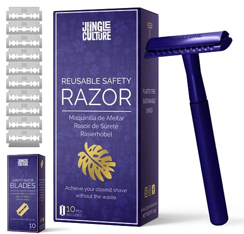 Jungle Culture® Rasoio di Sicurezza per Donne e Uomini • Rasoio Riutilizzabile in Metallo • Lamette Non Incluse • Donna Rasoio Manuale • Safety Razor Tradizionale Corpo Viso • Blu Zaffiro