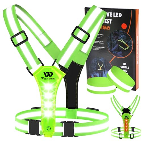 West Biking LED Gilet Velo Clignotant Lampe Running, Gilet Reflechissant Velo Bande Reflechissante, Lampe De Course Élastique Et Réglable Brassard Securite Homme Femme pour Scooter pour Chiens