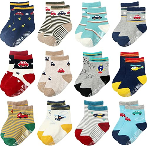 Aroveea Calcetines Antideslizantes para Niños Pequeños-Bonitos Calcetines de Algodón para Bebés, Paquete de 12, Para Niños y Niñas