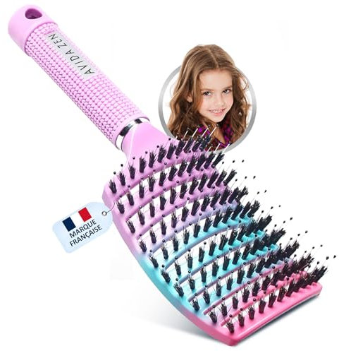 Brosse Poil de Sanglier ARC-EN-CIEL-ROSE – Brosse à Cheveux en Poils de Sanglier 100% Naturels – Démêle tout type de Cheveux et Sans Douleur !