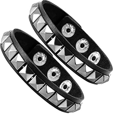 JAZTAKU 2 Pcs Leather Studded Punk Bracelet for Men Women 80s Studded Wristband Goth Punk Rock Bracelet Spike Rivet Cuff Bangle Unisex Metal for Halloween Party Favors Accessories