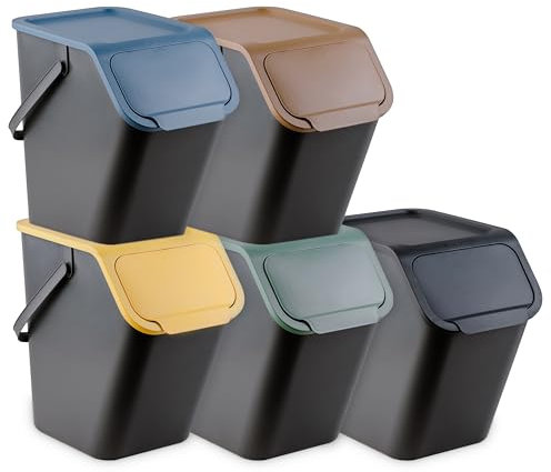 Go Practic Mülleimer Set 5 Stück 25L Mit Deckel Click-Function Abfalleimer Mülltrennsystem Abfallbehälter Recycling