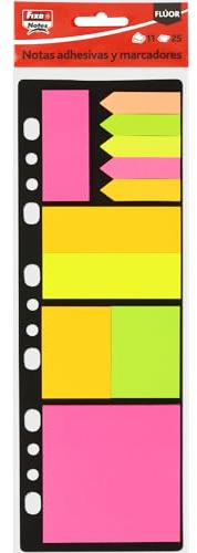 Fixo Notes - Set de Notas y Marcadores Adhesivos, Colores y Tamaños Surtidos Archivadores 4 Anillas a4, 25 Hojas por Bloc, 11 Blocs, Organizar Apuntes