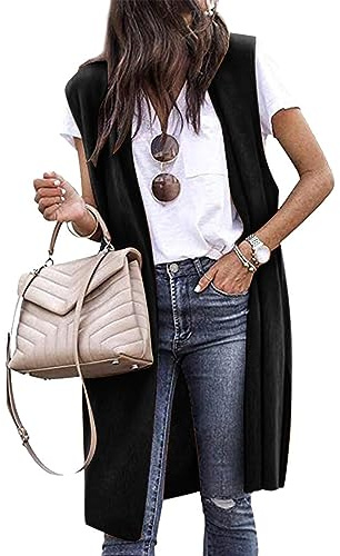 PDYLZWZY Cardigan long en tricot pour femme - Sans manches - Avec poches avant ouvertes - Drapé - Décontracté, Noir , XL