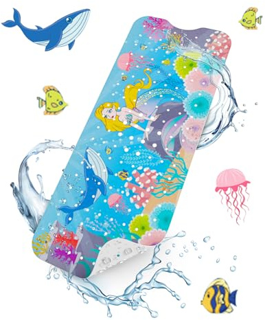 HITSLAM Baby Bath Mat Non Slip, Bathtub Mat Non Slip, 101 x 40cm Extra Long Bath Tub Mat for Kids, Bathroom Shower Mat with Suction Cups and Drain Holes, Soft on Feet, Machine Washable, Mermaid