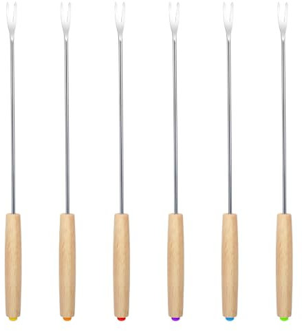 6 Stück Grillgabeln Fonduegabeln Edelstahl,Fondue Gabeln Set,Edelstahl Fondue Gabel,Fondue Sticks mit Holzgriff für Obst,Gemüse,Käsefondue Geröstete,Marshmallows,Käse,Schokolade,Fondue,Braten-Silber