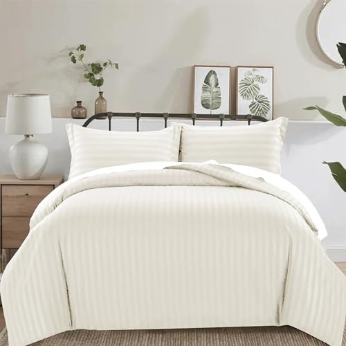 PRIME LINENS 2 Piece Duvet Cover Set Satin Stripes Quilt Cover Bedding Sets with Pillowcases Hotel Quality Ultra Soft Hypoallergenic Machine Washable (Cream, Single)
