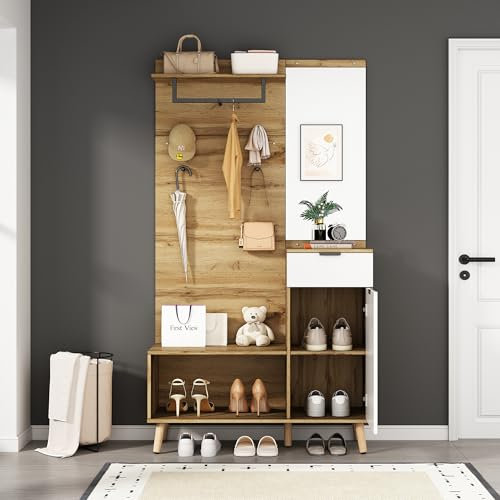 Set appendiabiti multifunzione alto 190 cm in legno con specchio, scarpiera, cassetto e pratico spazio di archiviazione - Design moderno con cerniere idrauliche