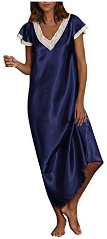 Nightgown Dresses for Women Solid Nightshirt Long Sleeve Lace V Neck Loose Loungwear Sleepwear Ladies Satin Nighties Casual Maxi Dresses Lace Maternity Nightdress Hospital Babydoll Lingerie For Women