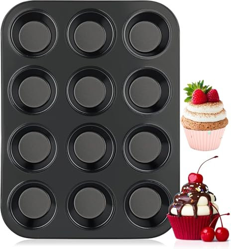 Heanvmyss Stampo Antiaderente con 12 Stampi Muffin,Stampo per Cupcakes a Impronte Concave 7cm di Diametro,Vassoio per Muffin,Teglia da Forno per Cupcakes di Carta,Brownies(26x35cm,Nero)