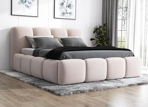 A&J MöbelLand Polsterbett 180x200 mit Bettkasten und Lattenrost – DONA-OM, Bett mit Stauraum in Beige ohne Matratze