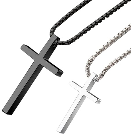 msymsyu Cross Necklace Crucifix Cross Pendant 316L Stainless Steel Silver/Black 2 Pack 45cm/60cm for Couples Families & Men