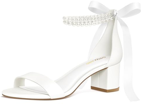 PIZZ ANNU Women's Low Block Chunky Heels Sandals Comfortable Open Toe Ankle Strap Pearl Bridal Dress Pump Shoes Bride Heeled Sandal, White Pearl 10