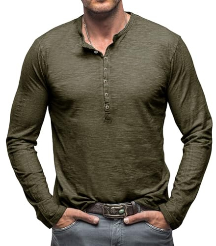 CTU Mens Long Sleeve Henley Shirts Grandad T-Shirts Casual Button Shirt Tops for Men Green M