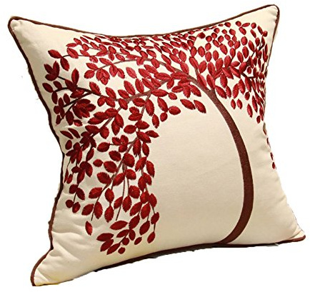 Funda de cojín de ZUODU, 45 x 45 cm, diseño de árbol de la vida bordado, rojo con borde, decorativo
