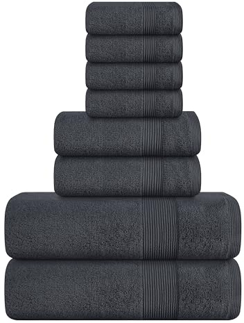 Belizzi Home 8 Piece Towel Set 100% Ring Spun Cotton, 2 Bath Towels 27x54, 2 Hand Towels 16x28 and 4 Washcloths 13x13 - Ultra Soft Highly Absorbent Machine Washable Hotel Spa Quality - Grey