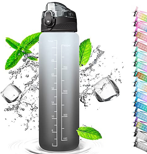 Auckpure Sport-Trinkflasche, 1 l, Wasserflasche mit Strohhalm, mit Marker, Öffnen mit einem Klick, geeignet für Fitnessstudio, Yoga, Camping, Radfahren und das Familienleben (Schwarz und Weiß)