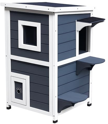 PawHut Maisonnette pour Chats sur 2 étages en Bois avec 4 Pieds - intérieur et extérieur - Toit Rabattable - 51 x 51 x 81,3 cm - Blanc et Gris