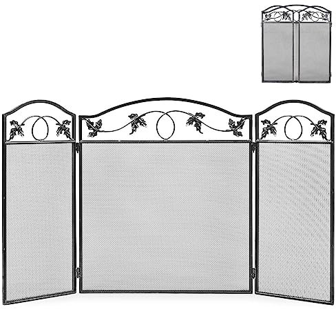 GiantexUK 3-Panel Folding Fire Guard, Metal Mesh Fireplace Screen, Heavy Duty Freestanding Spark Guard Safety Barrier for Child Baby Pet Open Fire (Leaf Pattern, 127 x 73cm)